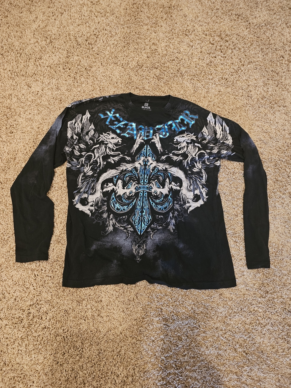Black XZAVIER Long-Sleeve Tee with Blue and White Heraldic Crest Black - SZ XXL